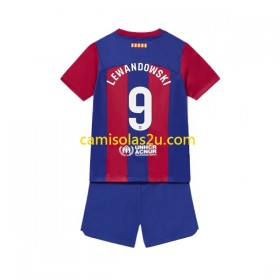 Camisolas de futebol FC Barcelona Robert Lewandowski 9 Criança Equipamento Principal 2023/24 Manga Curta